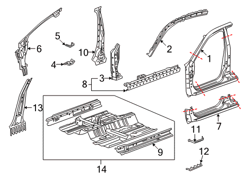 2011 Honda Accord Aperture Panel, Center Pillar, Floor & Rails, Hinge Pillar, Rocker Pillar, R. Center (Inner) Diagram for 64220-TA0-A00ZZ