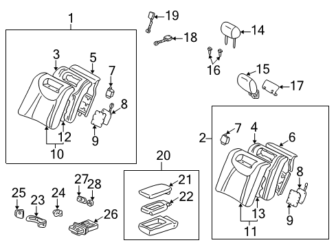 2001 Lexus LS430 Rear Seat Components Rear Seat Center Armrest Cup Holder Sub-Assembly Diagram for 72806-50010-B1