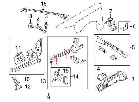 2012 Lincoln MKS Structural Components & Rails Upper Rail Support Bracket Diagram for DG1Z-16A023-A
