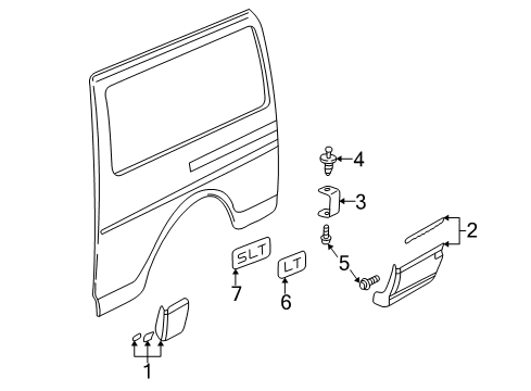 2002 Chevrolet Express 1500 Exterior Trim - Body Side Panel Molding Asm, Quarter Panel Lower Front *Pewter Metal Diagram for 15072504