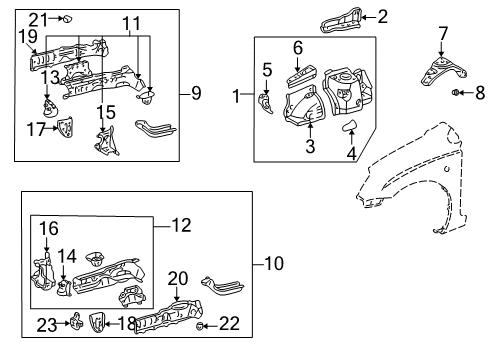 2001 Toyota Prius Structural Components & Rails Front Panel Extension Diagram for 53287-47010