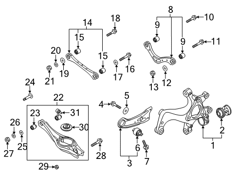 2018 Hyundai Elantra GT Rear Suspension Components, Lower Control Arm, Upper Control Arm, Stabilizer Bar Carrier Assembly-Rear Axle, LH Diagram for 52710-G3AA0