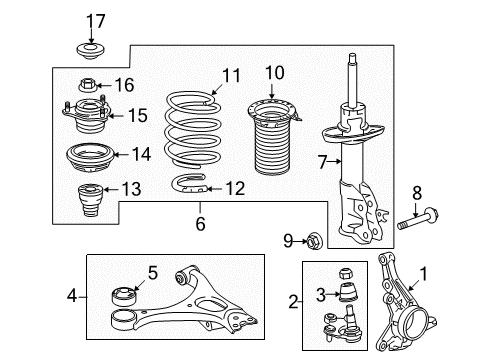 2009 Honda Civic Front Suspension Components, Lower Control Arm, Stabilizer Bar Shock Absorber Unit, Left Front Diagram for 51606-SNA-A03