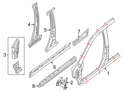 2014 Nissan Pathfinder Aperture Panel, Center Pillar & Rocker, Hinge Pillar SILL Inner LH Diagram for G6451-3JAAB