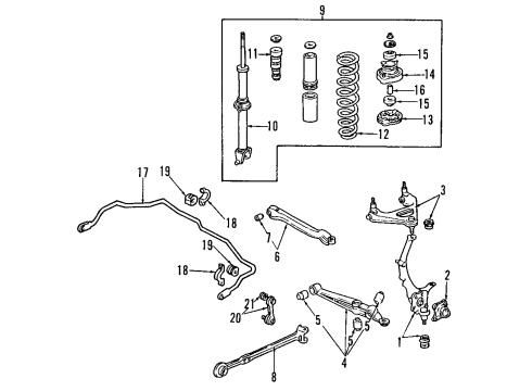 1996 Honda Prelude Rear Suspension Components, Lower Control Arm, Upper Control Arm, Stabilizer Bar Rubber, Rear Stabilizer Diagram for 52316-SM4-960