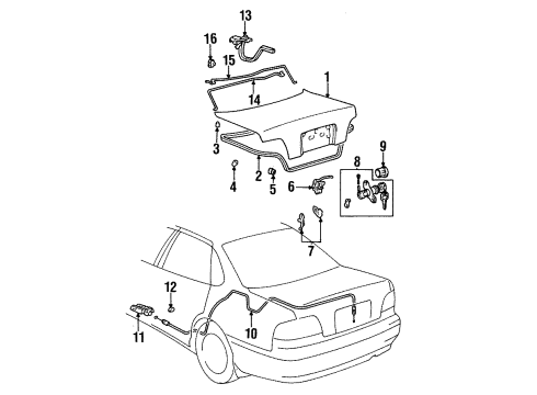 1997 Toyota Avalon Trunk Lid Luggage Compartment Door Lock Assembly Diagram for 64600-07010