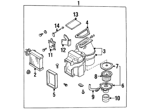 1994 Nissan Quest A/C Evaporator & Heater Components Blower & Cooling Assembly Front Diagram for 27210-0B001