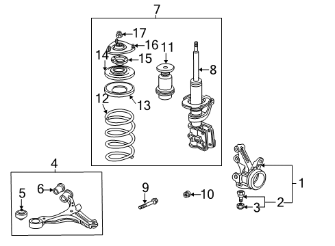 2003 Honda Civic Front Suspension Components, Lower Control Arm, Stabilizer Bar Shock Absorber Unit, Right Front Diagram for 51605-S5A-C01