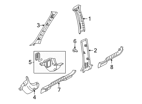 2006 Ford Escape Interior Trim - Pillars, Rocker & Floor Weatherstrip Pillar Trim Diagram for 6L8Z-7803599-AAB