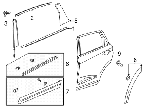 2022 Acura MDX Exterior Trim - Rear Door Molding, Rear Right Dr Sash Diagram for 72925-TYA-A11