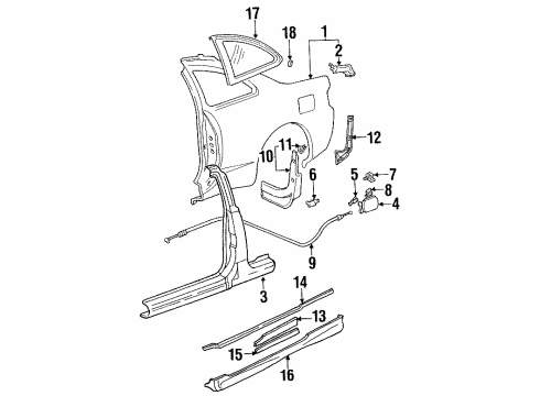 1994 Toyota Celica Quarter Panel & Components, Glass, Exterior Trim Lock Sub-Assy, Fuel Filler Opening Lid Diagram for 77037-20070