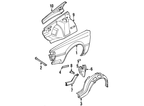 1986 Nissan 200SX Fender & Components, Inner Structure & Rails, Exterior Trim PROTCT Front Fender Diagram for 63843-01F01