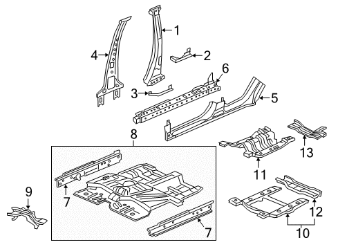 2018 Honda HR-V Center Pillar, Rocker, Floor & Rails Pillar, R. Center Diagram for 64220-T7W-A10ZZ