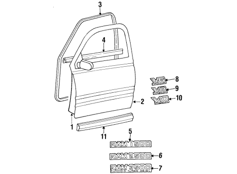 1999 Dodge Ram 3500 Front Door & Components, Exterior Trim Window Regulator Diagram for 55075813