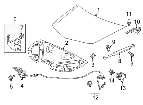 2013 Acura ZDX Hood & Components Hinge Complete R, Hood Diagram for 60120-SZN-A00ZZ
