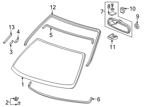 1998 Honda Civic Windshield Glass, Reveal Moldings Cap, Stay Diagram for 76409-S01-A01