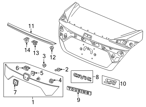 2016 Honda Civic Spoiler, Exterior Trim Seal Set, Trunk Diagram for 71711-TEY-Y01