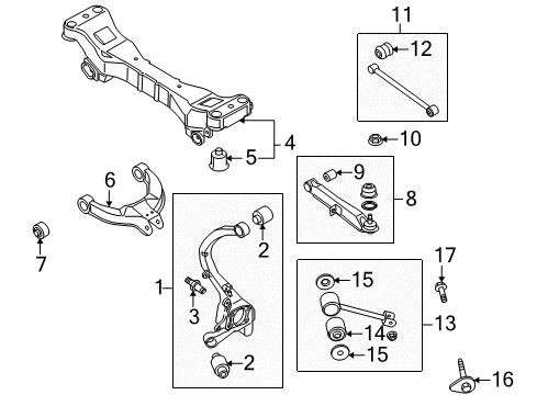 2005 Kia Amanti Rear Suspension Components, Lower Control Arm, Upper Control Arm, Stabilizer Bar Bushing-Crossmember, Center Diagram for 55456-39100