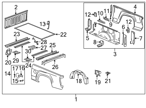 2005 GMC Canyon Pickup Box Assembly, Front & Side Panels, Floor Fuel Door Spring Diagram for 15521575