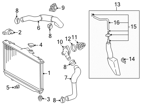 1998 Toyota Corolla Radiator & Components Water Outlet Diagram for 16321-0D010