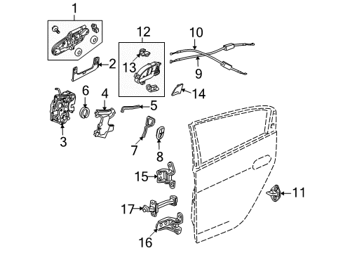 2011 Honda Insight Rear Door Cable, Rear Door Lock Diagram for 72633-TM8-A01