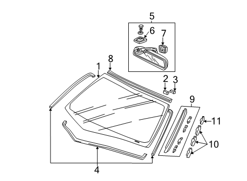 2005 Honda Civic Windshield Glass, Reveal Moldings Rubber Set, FR. Windshield Dam Diagram for 04731-S5W-J10