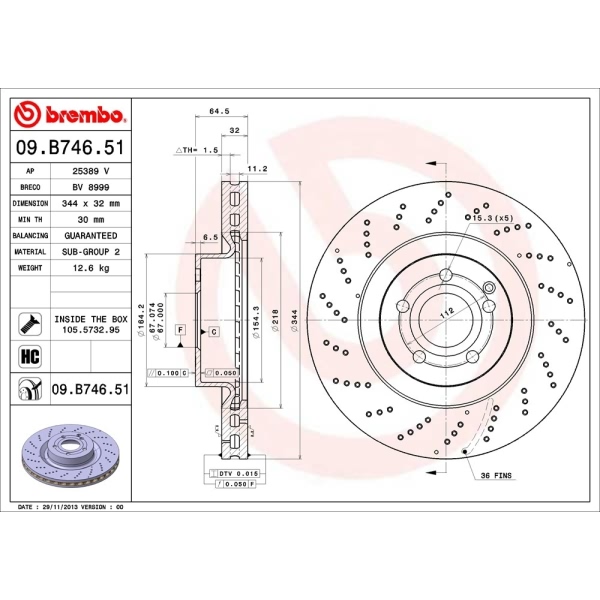 brembo UV Coated Series Drilled Vented Front Brake Rotor 09.B746.51