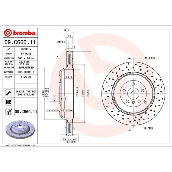 brembo UV Coated Series Drilled Vented Rear Brake Rotor 09.C660.11