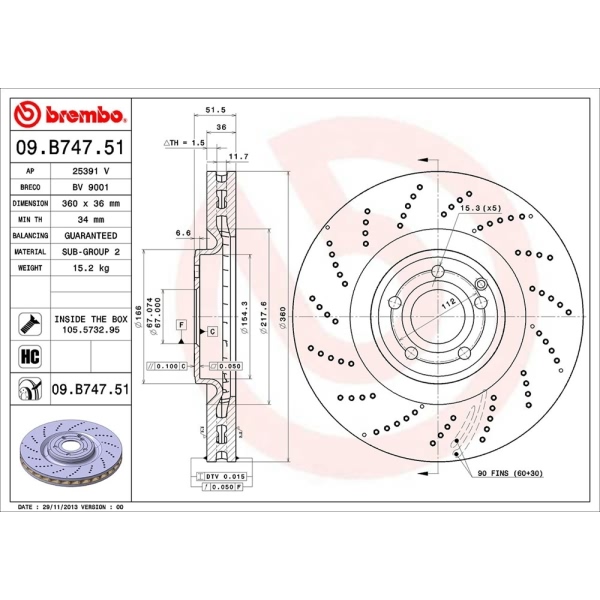 brembo UV Coated Series Drilled Vented Front Brake Rotor 09.B747.51
