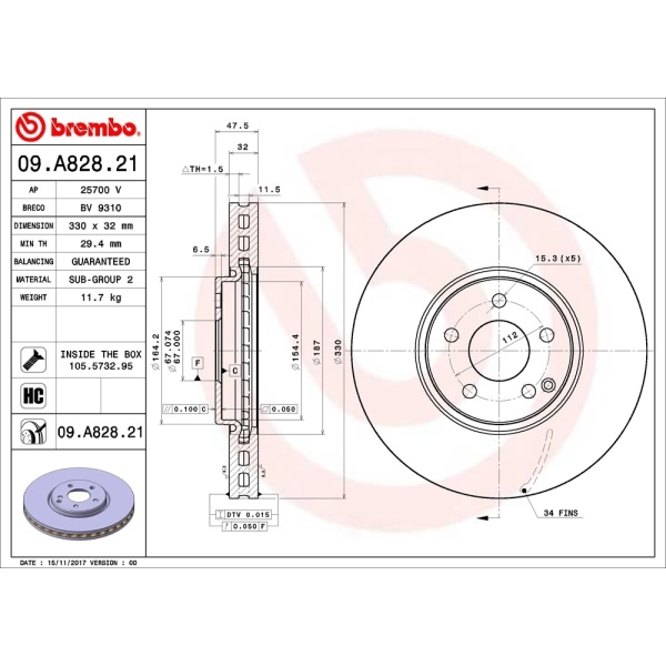 brembo UV Coated Series Vented Front Brake Rotor 09.A828.21