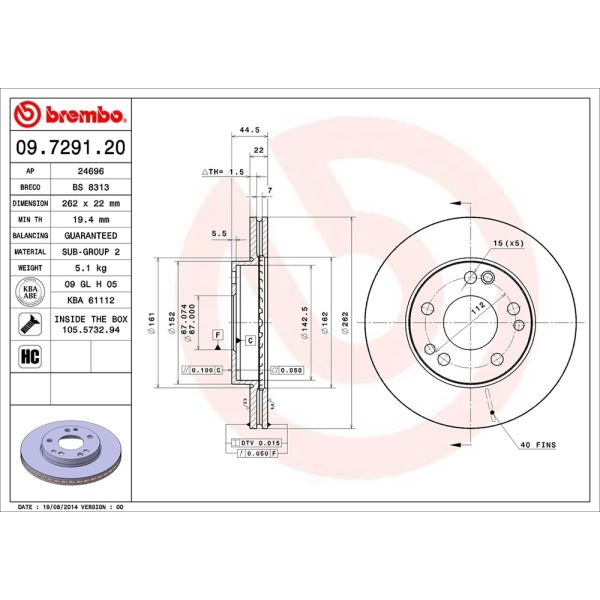 brembo OE Replacement Vented Front Brake Rotor 09.7291.20