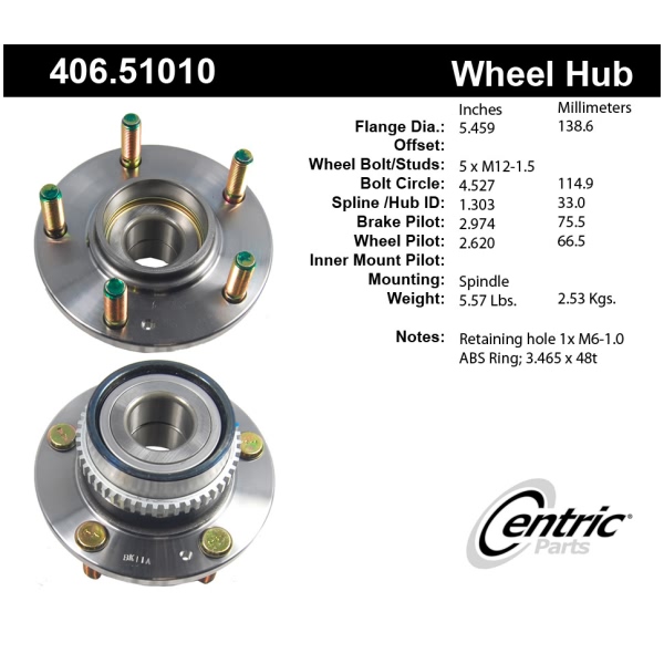 Centric Premium™ Rear Passenger Side Non-Driven Wheel Bearing and Hub Assembly 406.51010