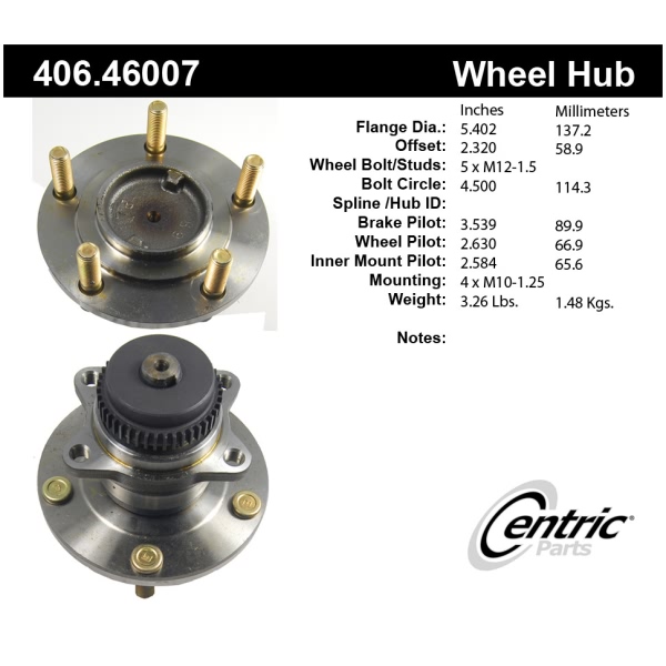 Centric Premium™ Rear Driver Side Non-Driven Wheel Bearing and Hub Assembly 406.46007