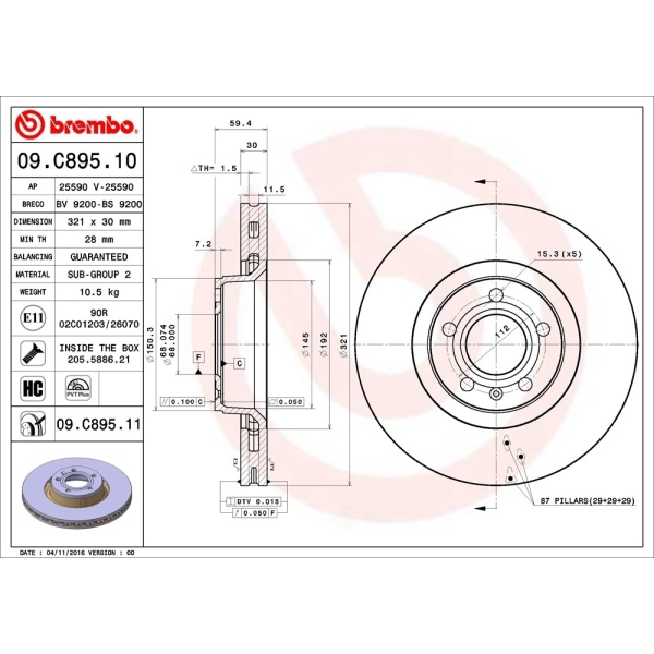 brembo UV Coated Series Vented Front Brake Rotor 09.C895.11