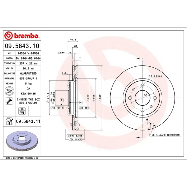 brembo UV Coated Series Vented Front Brake Rotor 09.5843.11