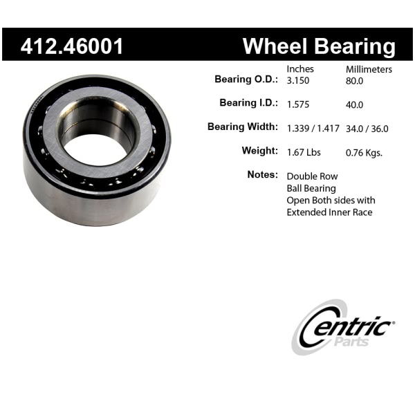 Centric Premium™ Front Passenger Side Inner Double Row Wheel Bearing 412.46001
