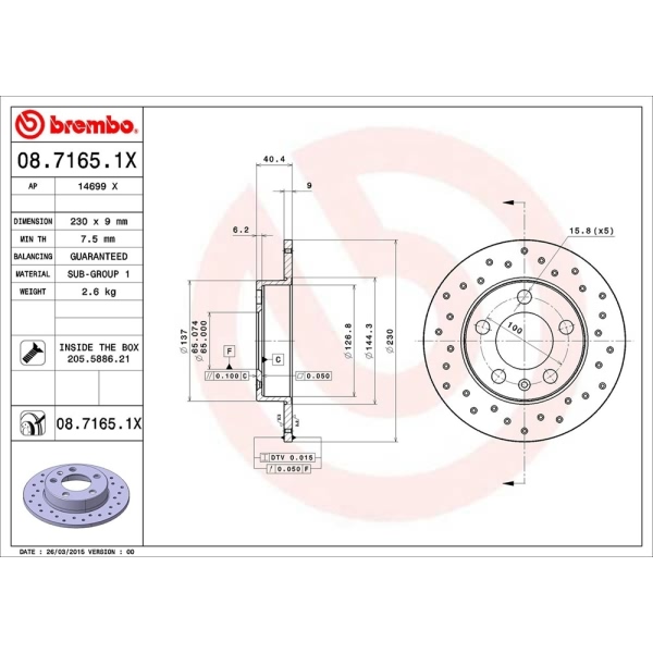 brembo Premium Xtra Cross Drilled UV Coated 1-Piece Rear Brake Rotors 08.7165.1X