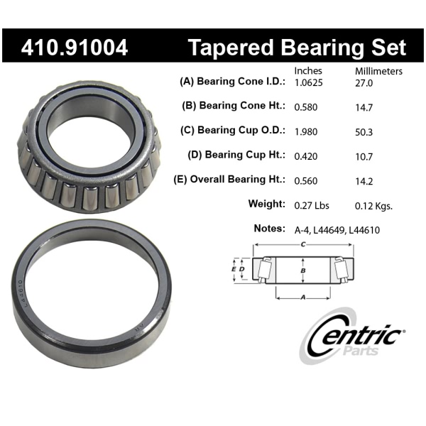 Centric Premium™ Front Passenger Side Inner Wheel Bearing and Race Set 410.91004