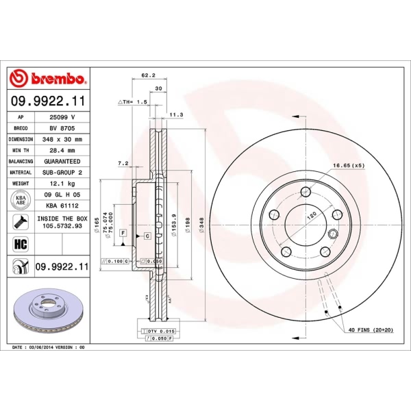 brembo UV Coated Series Vented Front Brake Rotor 09.9922.11