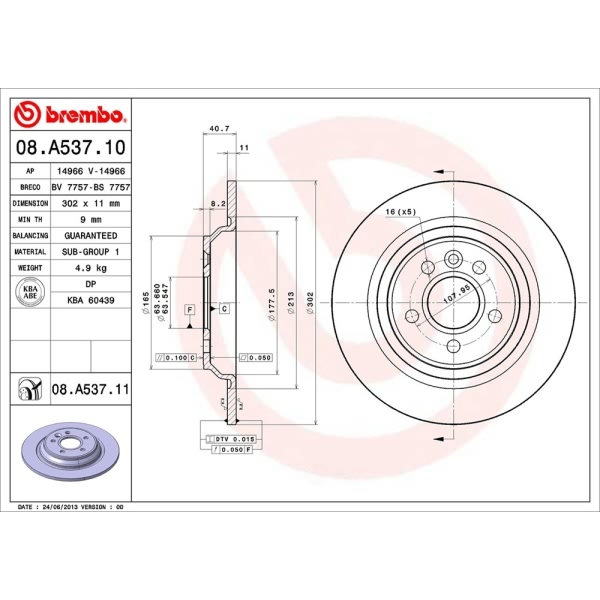 brembo UV Coated Series Solid Rear Brake Rotor 08.A537.11