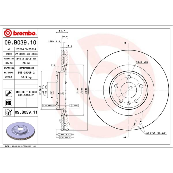 brembo UV Coated Series Vented Front Brake Rotor 09.B039.11