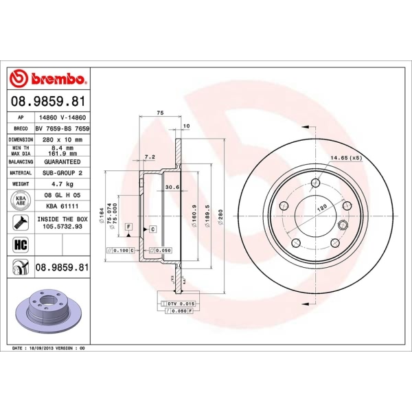 brembo UV Coated Series Solid Rear Brake Rotor 08.9859.81