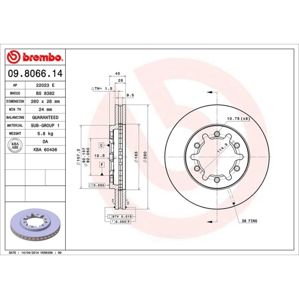 brembo OE Replacement Vented Front Brake Rotor 09.8066.14