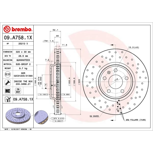 brembo Premium Xtra Cross Drilled UV Coated 1-Piece Front Brake Rotors 09.A758.1X
