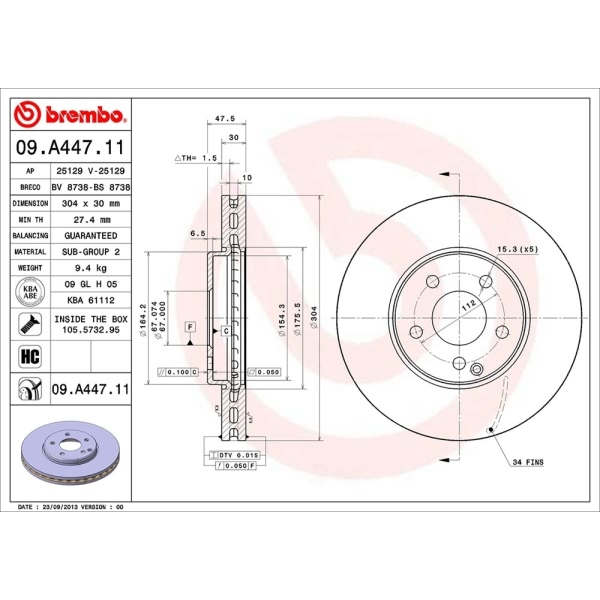 brembo UV Coated Series Vented Front Brake Rotor 09.A447.11