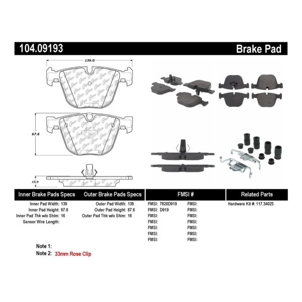Centric Posi Quiet™ Semi-Metallic Rear Disc Brake Pads 104.09193