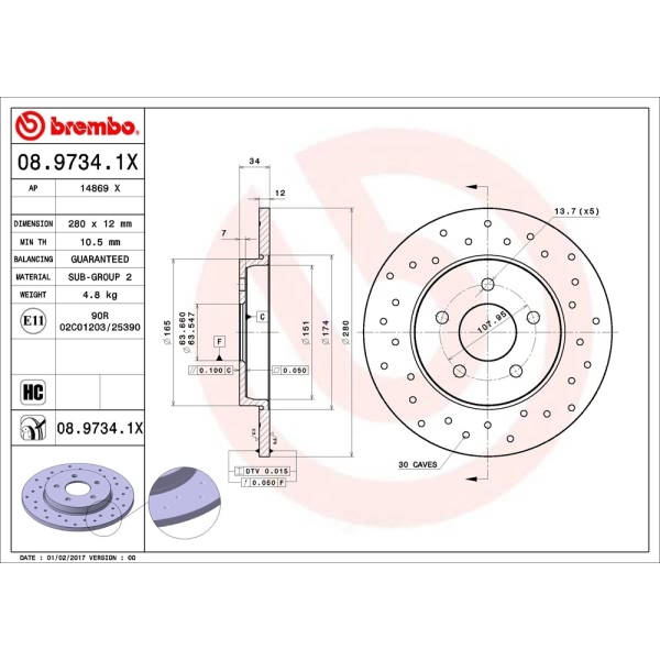 brembo Premium Xtra Cross Drilled UV Coated 1-Piece Rear Brake Rotors 08.9734.1X