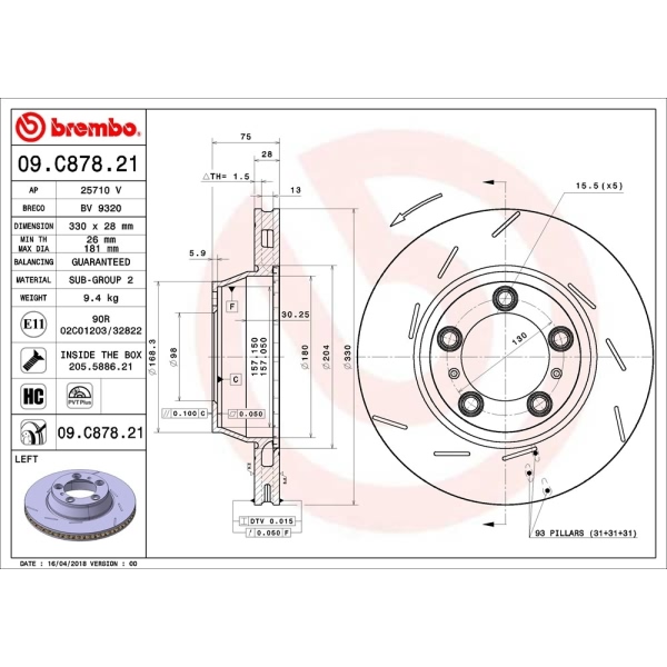 brembo UV Coated Series Slotted Vented Rear Driver Side Brake Rotor 09.C878.21