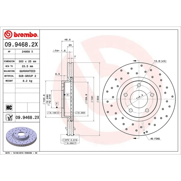 brembo Premium Xtra Cross Drilled UV Coated 1-Piece Front Brake Rotors 09.9468.2X