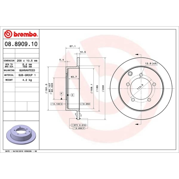 brembo OE Replacement Solid Rear Brake Rotor 08.8909.10